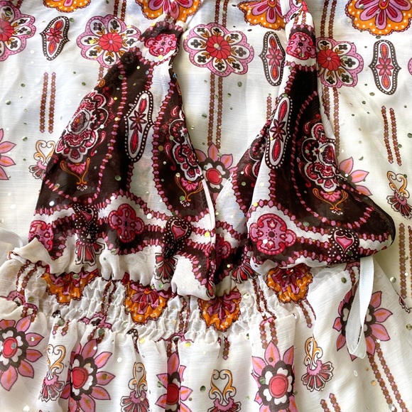 πΊ BOHO FLORAL BURGUNDY RED PINK IVORY SEQUIN OPEN BACK MAXI DRESS! - Picture 6 of 9